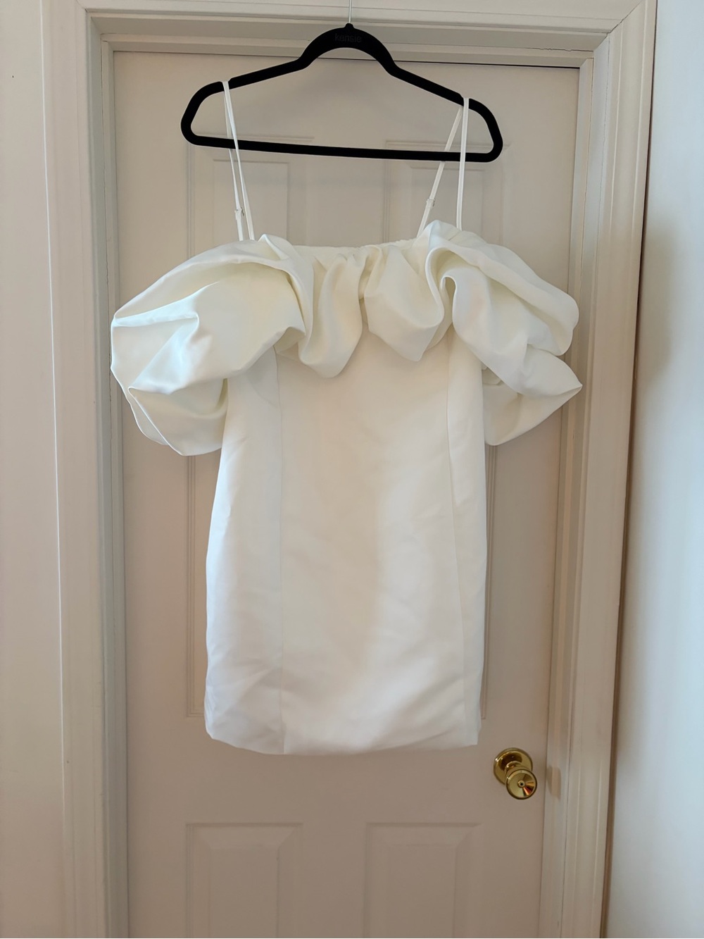 Fashion Nova White Off-Shoulder Ruffle Mini Dress with Spaghetti Straps
